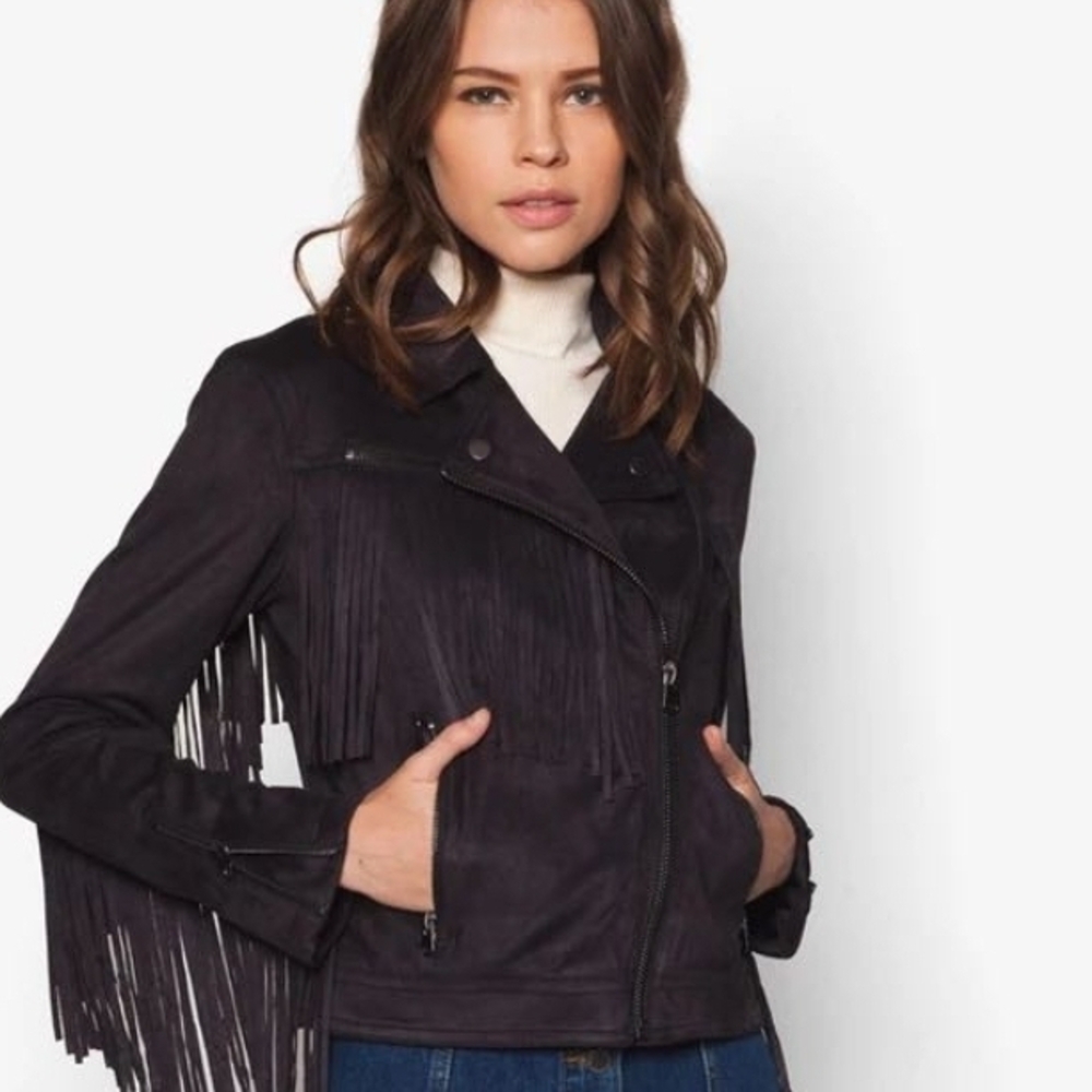 Topshop Dark Suede Biker Jacket with Fringe